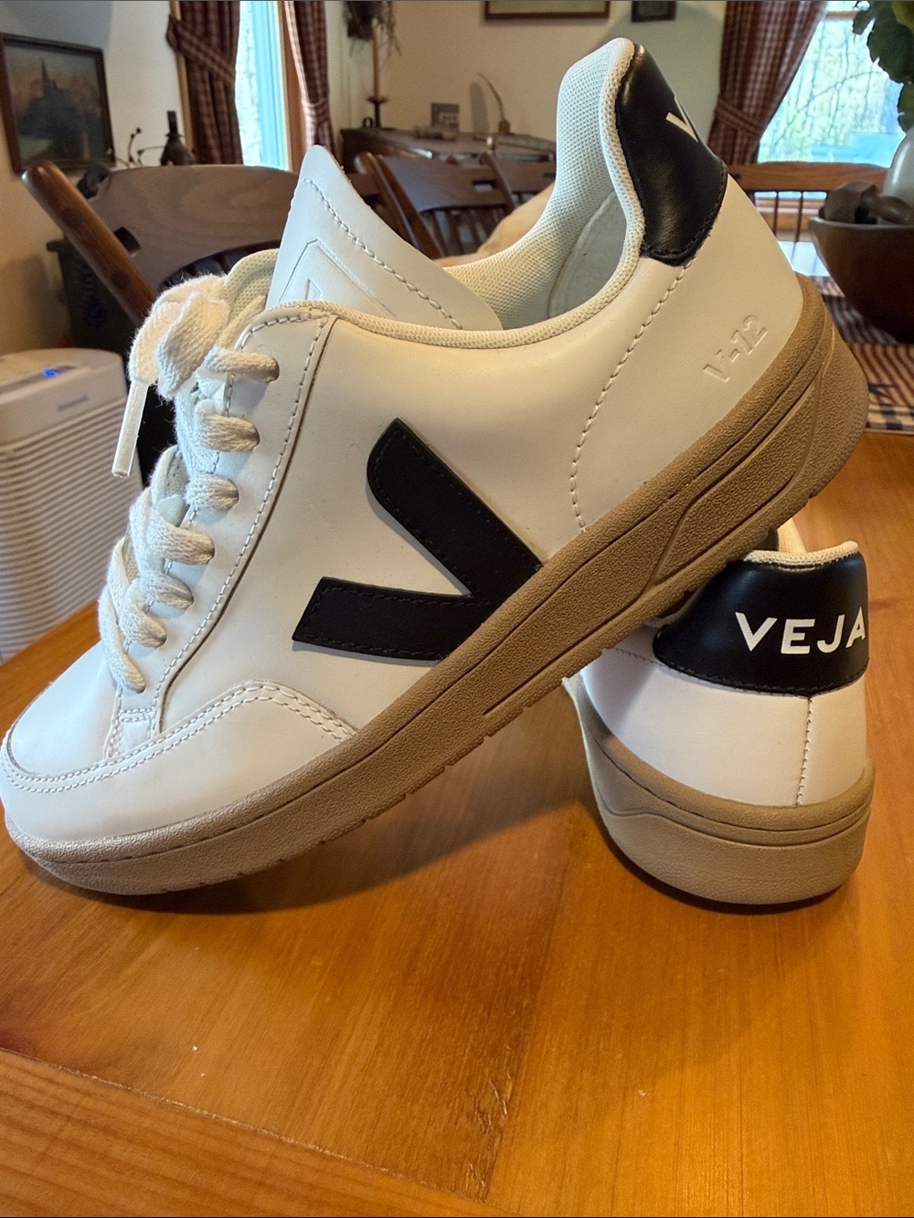 Veja V-12 White Sneakers with Black V and Tan Sole Size 6 (Euro 37).